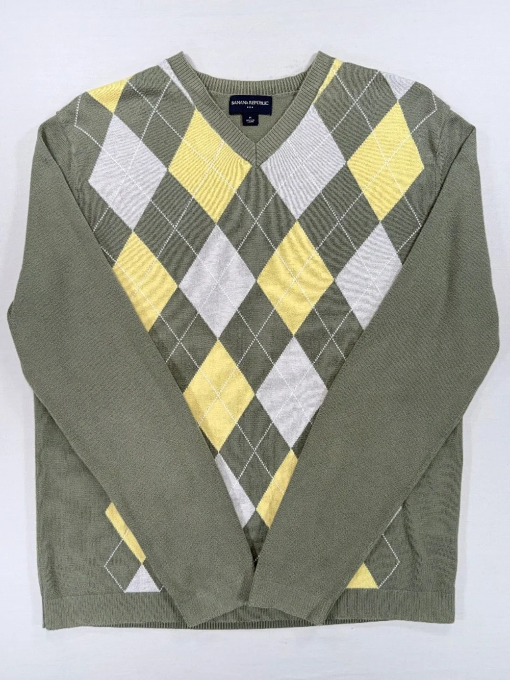 Banana Republic Men's Green Argyle V-Neck Sweater Size M - EUC
